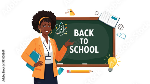 Professional black woman teacher standing next to a chalkboard with back to school text and colorful educational icons.