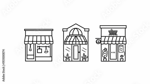 Three minimalist storefront illustrations in outline style against a white background
