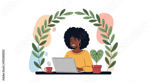 Young black woman with an afro working on her laptop at a desk with plants and coffee in a modern flat design style.