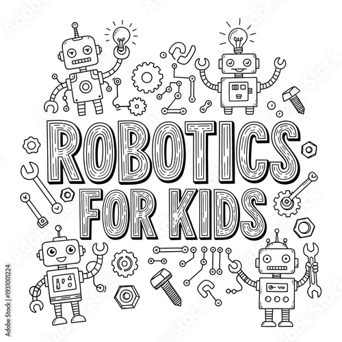 Illustration of robotics concept for children surrounded by mechanical tools and robots