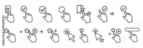 Sequence of hand gestures and actions in black and white line drawing