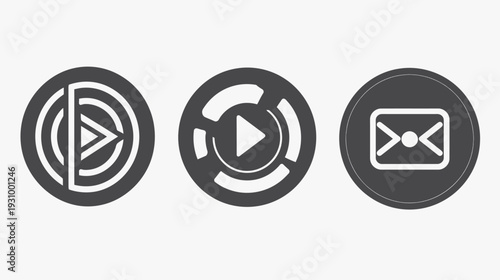 Three circular icons against a white background; one play, one progress, one email