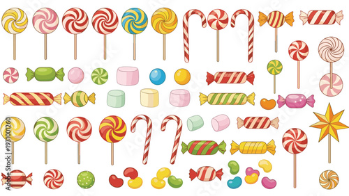 Large collection of colorful lollipops and candies in various shapes and sizes for a sweet shop or party theme.