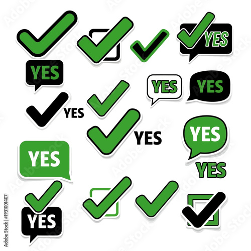 Collection of green and black checkmarks and 'yes' speech bubbles on a clean background