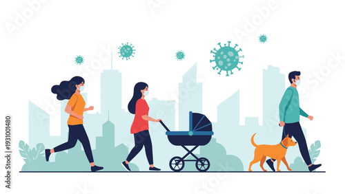 Diverse group of people wearing masks while running, walking with a stroller, or walking a dog in a city during pandemic.