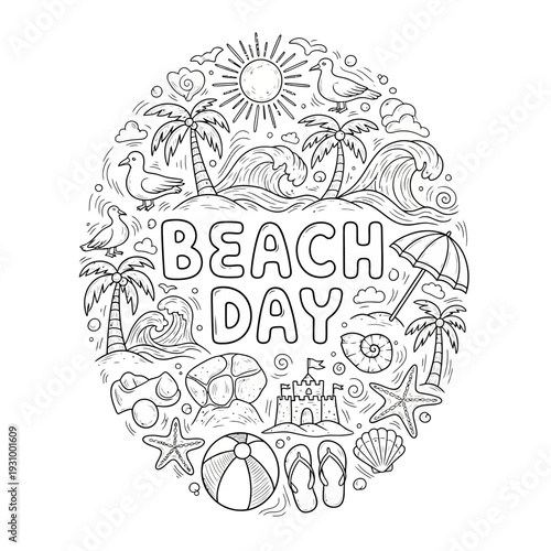 A vibrant beach scene illustration featuring beach day elements, tropical surroundings, and ocean waves from an aerial viewpoint