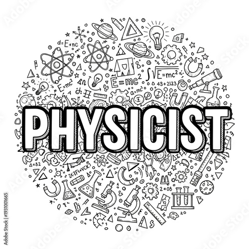 Illustration of physicist surrounded by science symbols and formulas in a circular pattern, showcasing various scientific concepts and ideas