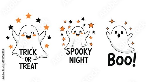 Collection of cute cartoon ghosts with festive halloween messages including trick or treat, spooky night, and boo among orange stars.