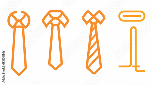 A collection of four orange stylized ties on a white background, varying in design
