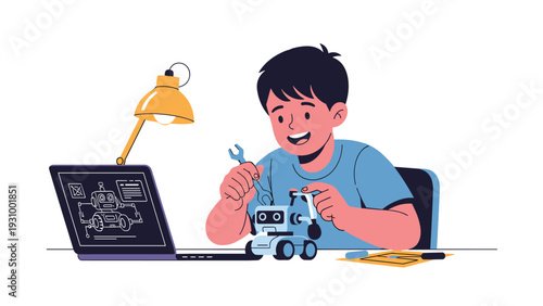 Young boy sitting at a desk building and programming a small robot using a laptop computer and mechanical tools for stem learning.