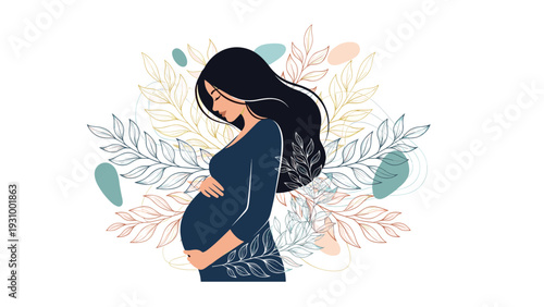 Elegant silhouette of a pregnant woman standing against a decorative background of leaves and floral elements in soft muted tones.