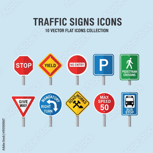 Collection of flat traffic signs icons including stop, yield, and speed limit signs displayed on a light blue background from a straightforward viewpoint