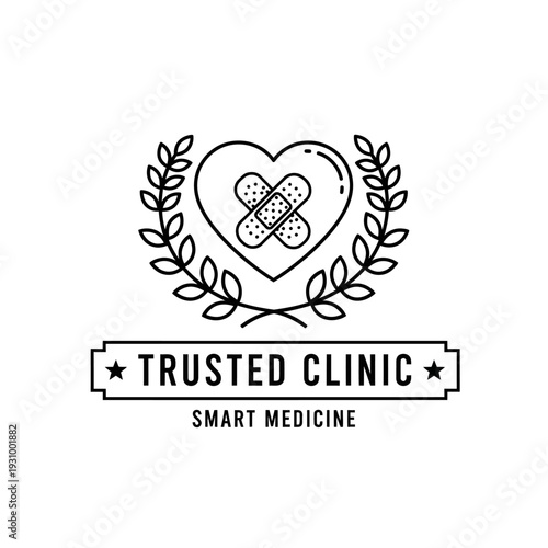 Heart with bandage surrounded by laurel wreath symbolizing trusted clinic and smart medicine concept