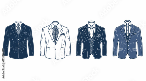 Four stylized suit jackets with ties and pocket squares in different colors, isolated on white