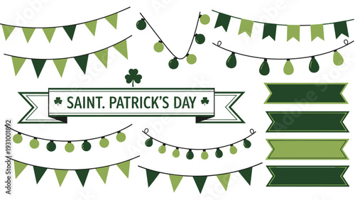 St Patrick's Day party decorations including green banners, shamrock symbols, and garlands for a festive Irish celebration and holiday.
