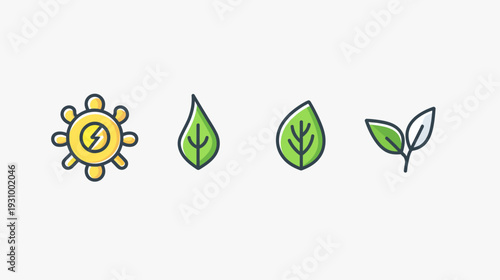 Collection of four green and yellow icons of leaves and sun energy on a white background