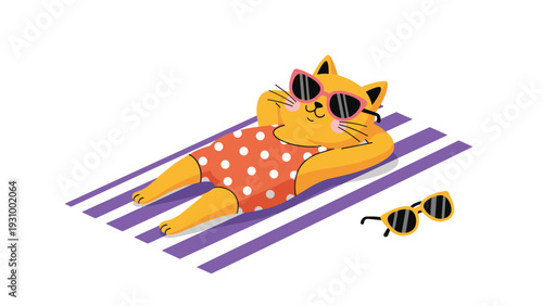 Funny orange cat in a red polka dot swimsuit and sunglasses sunbathing on a purple beach towel for a summer vacation scene.