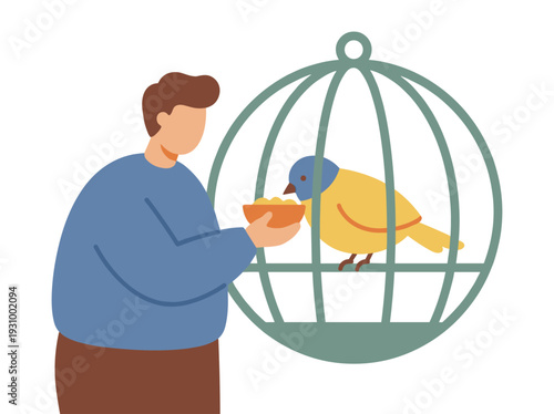 Man feeding a yellow and blue bird.