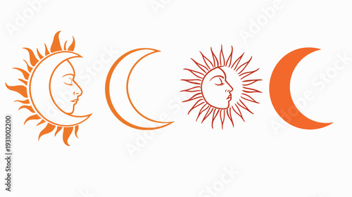 Stylized illustrations of sun and moon phases. Rendered in orange and red hues against a white background