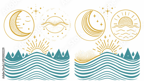 Artistic depiction of celestial bodies and landscapes with stylized sun, moon, and mountain motifs