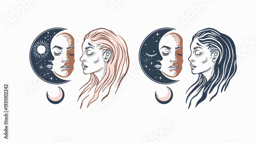 Celestial-themed illustration with two female profiles and two moon phases, each half face