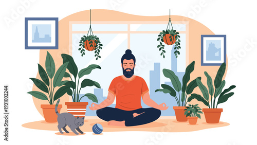 Man with a beard practicing yoga and meditation in a peaceful room filled with many green houseplants while a cat plays nearby.