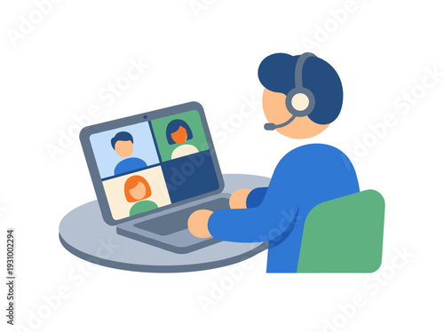 Man working on laptop with video call.