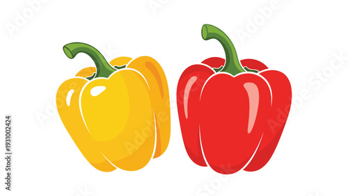 Fresh and vibrant whole yellow and red bell peppers with green stems shown side by side on a clean white background.