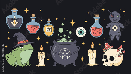 Collection of spooky witchcraft items including potions, a cauldron, voodoo doll, frog in a witch hat, skull, and candles.