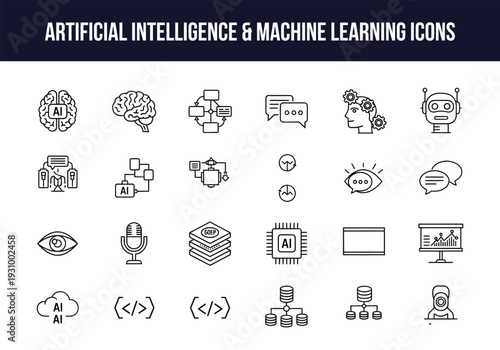 Artificial intelligence and machine learning icon set