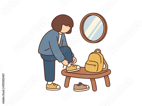 A person getting ready with backpack.