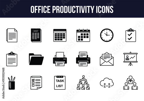 Office productivity icons set for business and organization