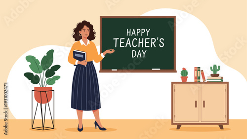Happy teacher standing in front of a chalkboard in a classroom for Teacher Appreciation Day celebration with books and plants.