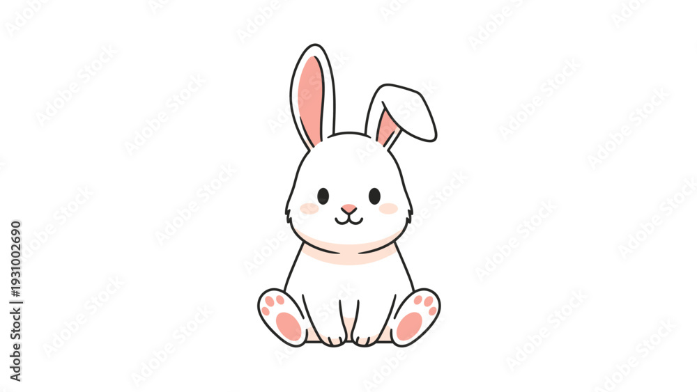 Obraz premium Cute white rabbit sitting and looking forward with pink ears and paws on a simple white background for Easter or pet themes.