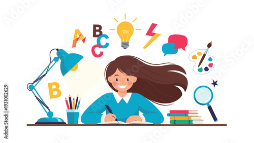Happy girl student at a desk studying with school icons like books, lightbulb, and paintbrush floating around her workspace.