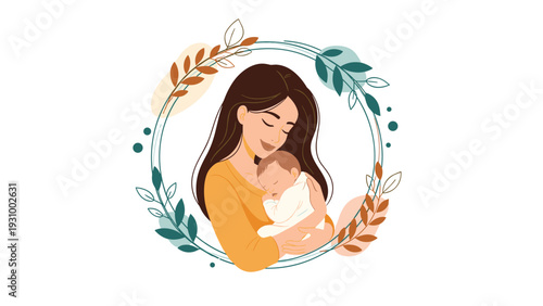 Loving mother cradling her sleeping newborn baby within a decorative circular frame of green and gold botanical leaves and branches.