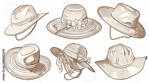 Six distinct hat designs, styled with line art and a vintage watercolor effect