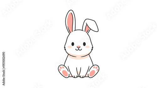 Cute white rabbit sitting and looking forward with pink ears and paws on a simple white background for Easter or pet themes.