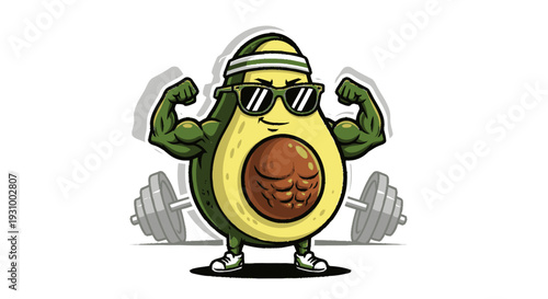 Cartoon Avocado Character with Muscles and Sunglasses.
