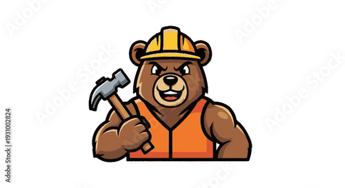 Cartoon Bear Wearing Hard Hat Holding Hammer.