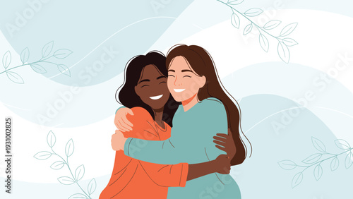 Two women of different ethnicities hugging warmly with a soft blue background and delicate leaves representing friendship and unity.