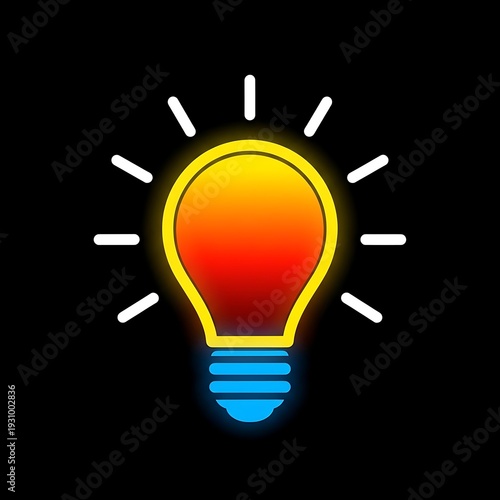 A glowing light bulb icon with lines radiates on black