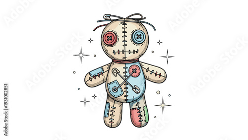 Detailed sketch of a voodoo doll with button eyes, fabric patches, and safety pins for spooky Halloween and magic themes.