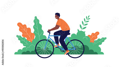 Smiling man riding a blue bicycle in front of colorful stylized bushes and large autumn leaves for outdoor recreation and health.