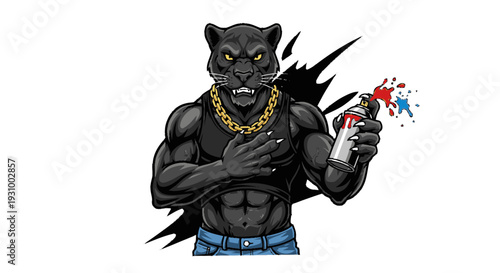Cartoon Black Panther Man Spray Painting.