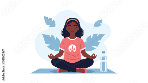 Young black girl practicing yoga and meditation in lotus pose on a mat to improve mental health and find inner peace.