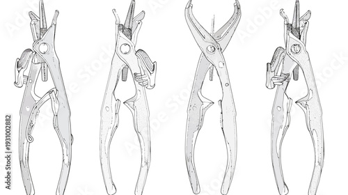A grayscale illustration displays four different perspectives of a medical or surgical tool