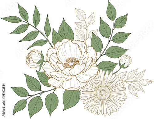 Elegant Hand Drawn Floral Bouquet with White Flowers and Green Leaves for Wedding Invitations, Greeting Cards, Luxury Branding, and Vintage Style Botanical Design