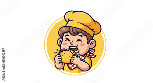 Cartoon Boy Eating Burger with Joy.