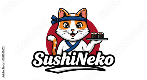 Cartoon Cat Chef Holding Sushi Roll.